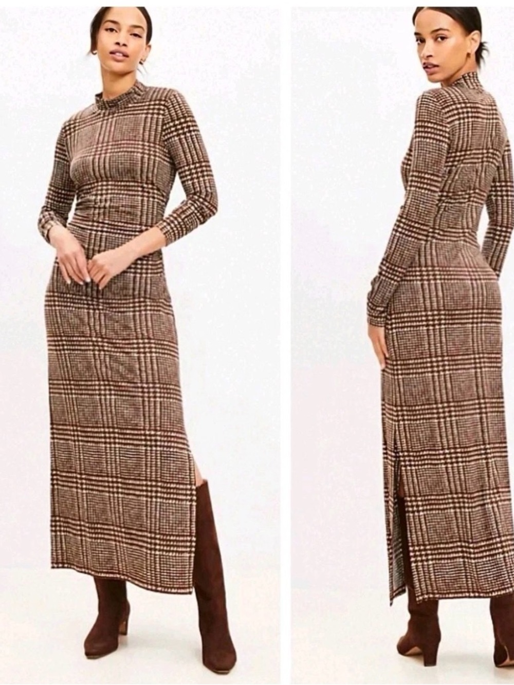 LOFT Brown Plaid Long Sleeve Maxi Dress